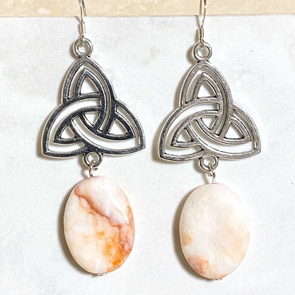 2/$20, Genuine Red Vein White Marble Triqueta Sterling Silver Dangle Earrings